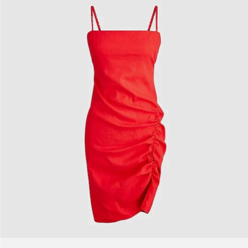 J.CREW Side-Ruched Red Dress in Stretch Linen-Viscose-size 8 NWT